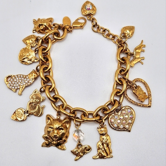 VINTAGE Kirks Folly Gold Tone Cat Lovers Charm Bracelet - Picture 1 of 9